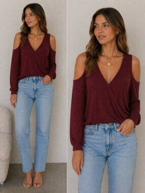 Rue21 Burgundy Wrap-Front Cold Shoulder Long Sleeve Top